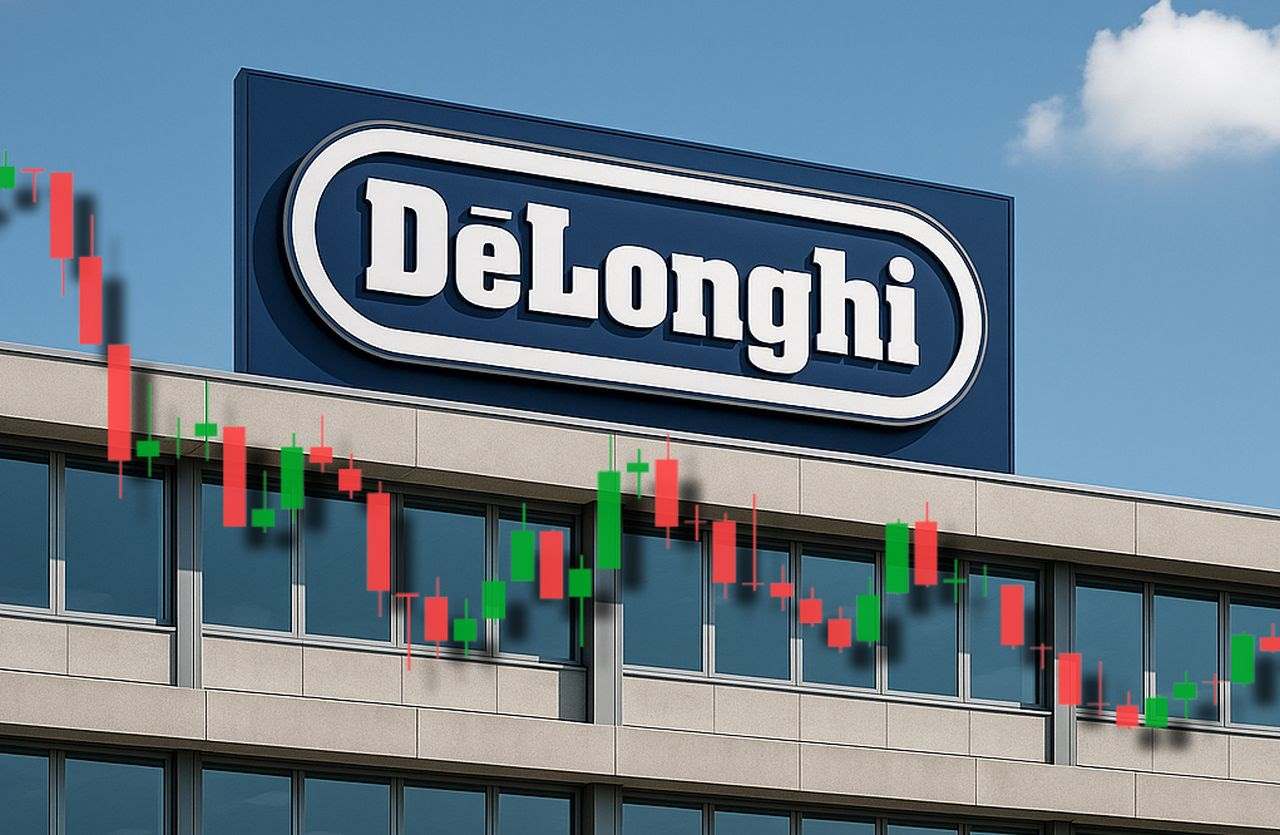 Un palazzo con l'insegna DeLonghi in cima e un grafico a candele in sovrimpressione