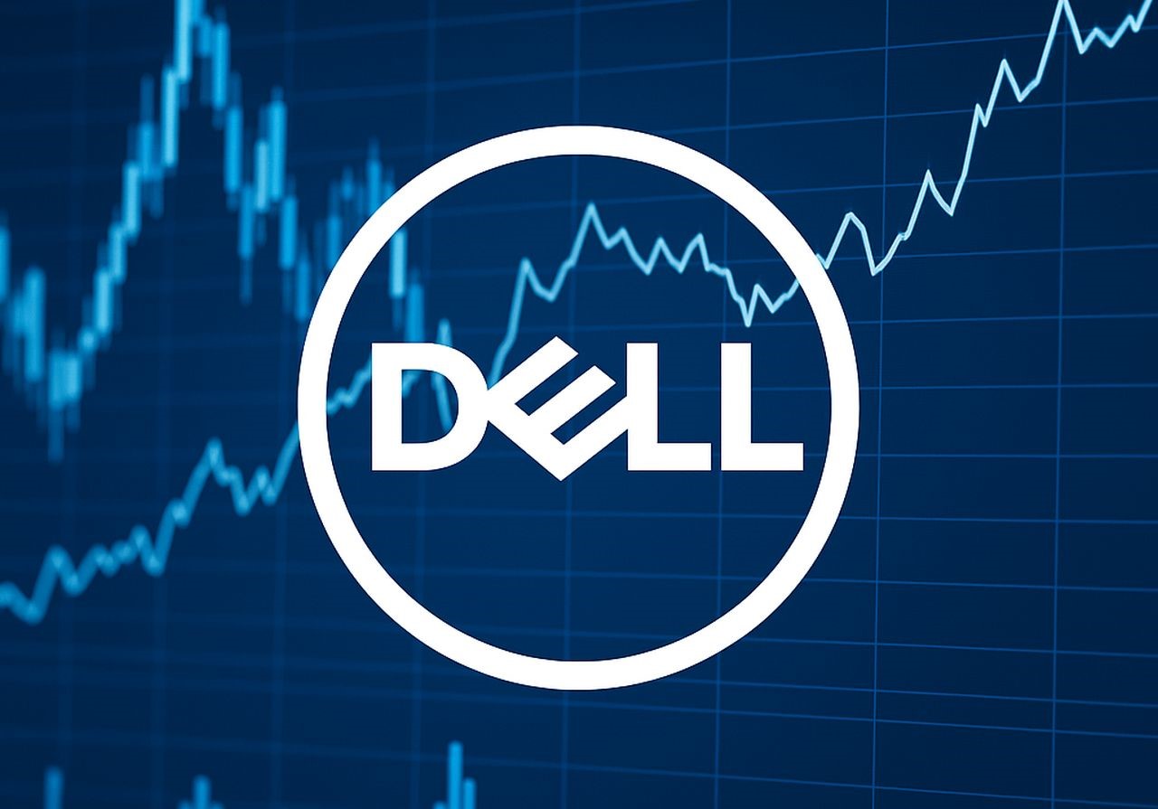 Il logo di Dell con dei grafici finanziari sullo sfondo