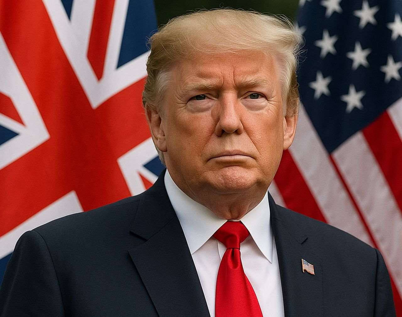Primo piano di Donald Trump con le bandiere di Regno Unito e Stati Uniti alle sue spalle