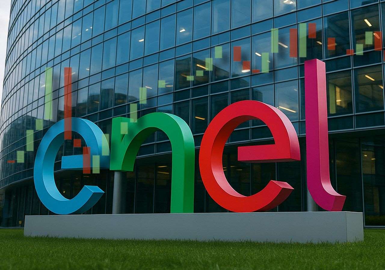 Un palazzo di vetro con l'insegna enel posizionata sul prato antistante. In sovrimpressione in trasparenza un grafico a candele