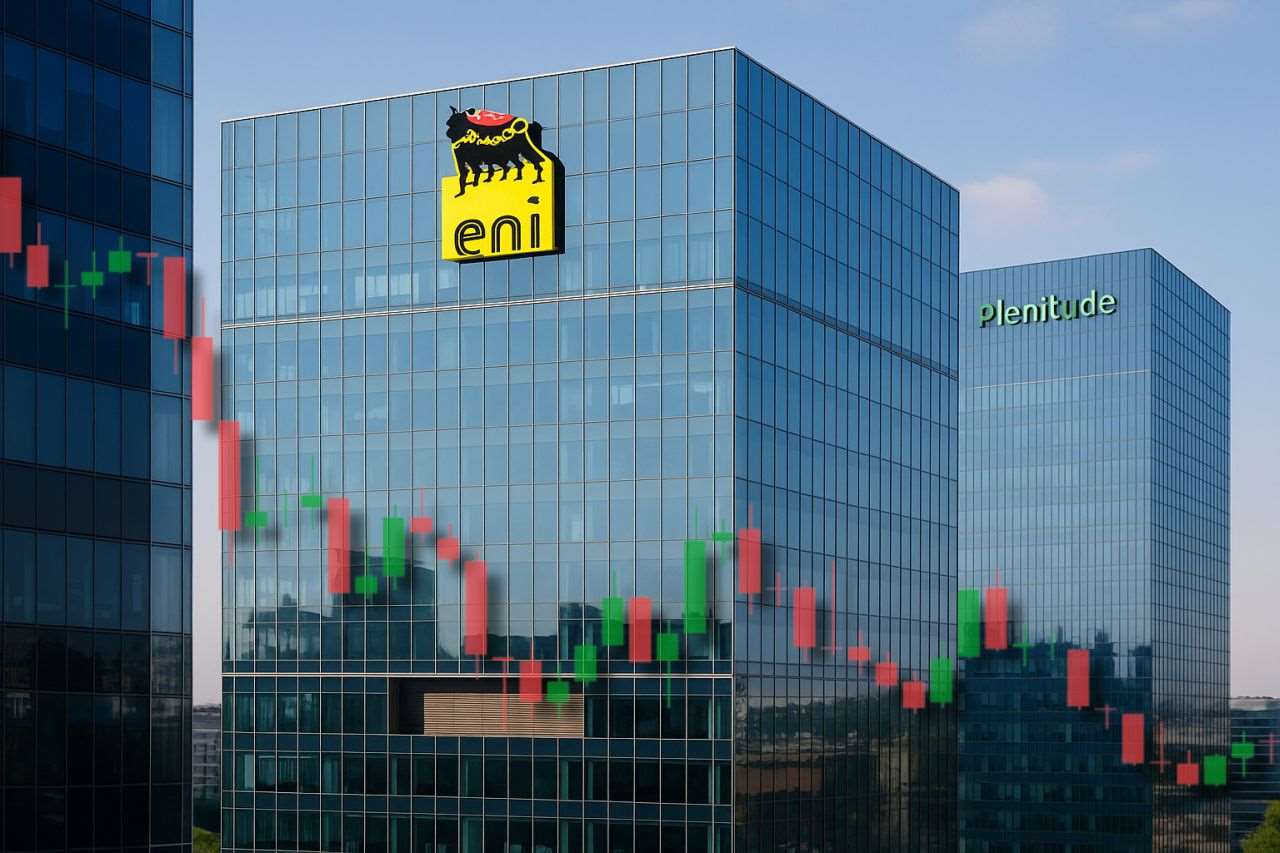 il logo di Eni in cima a un grattacielo e quello di Plenitudue su di un altro alle sue spalle. In sovrimpressione un grafico a candele