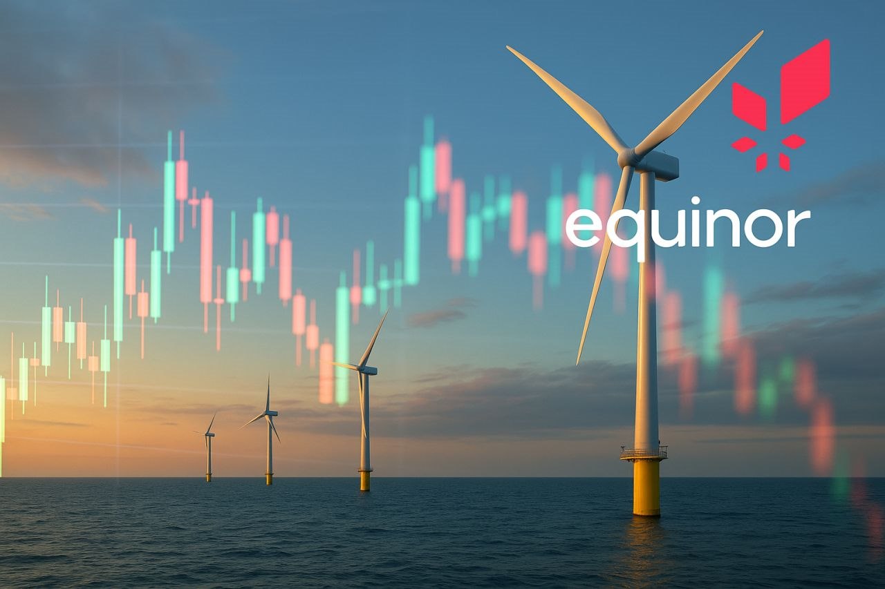 Pale eoliche in mare con il logo Equinor e un grafico a candele in sovrimpressione