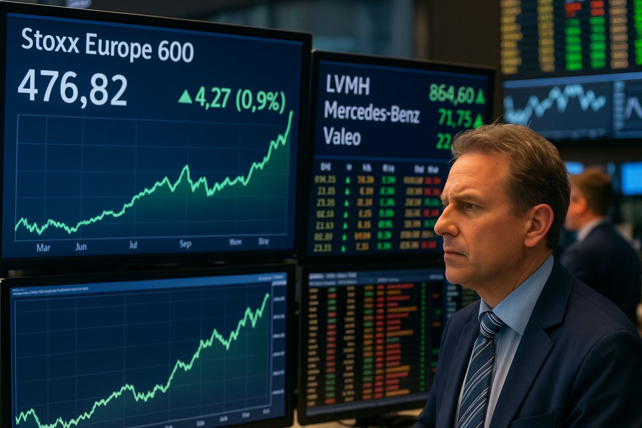 Primo piano di un uomo in giacca e cravatta che osserva grafici finanziari su alcuni schermi