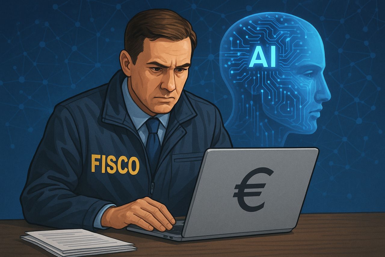 Un agente del Fisco che usa un laptop. Sullo sfondo l'immagine stilizzata di una testa con la scritta AI