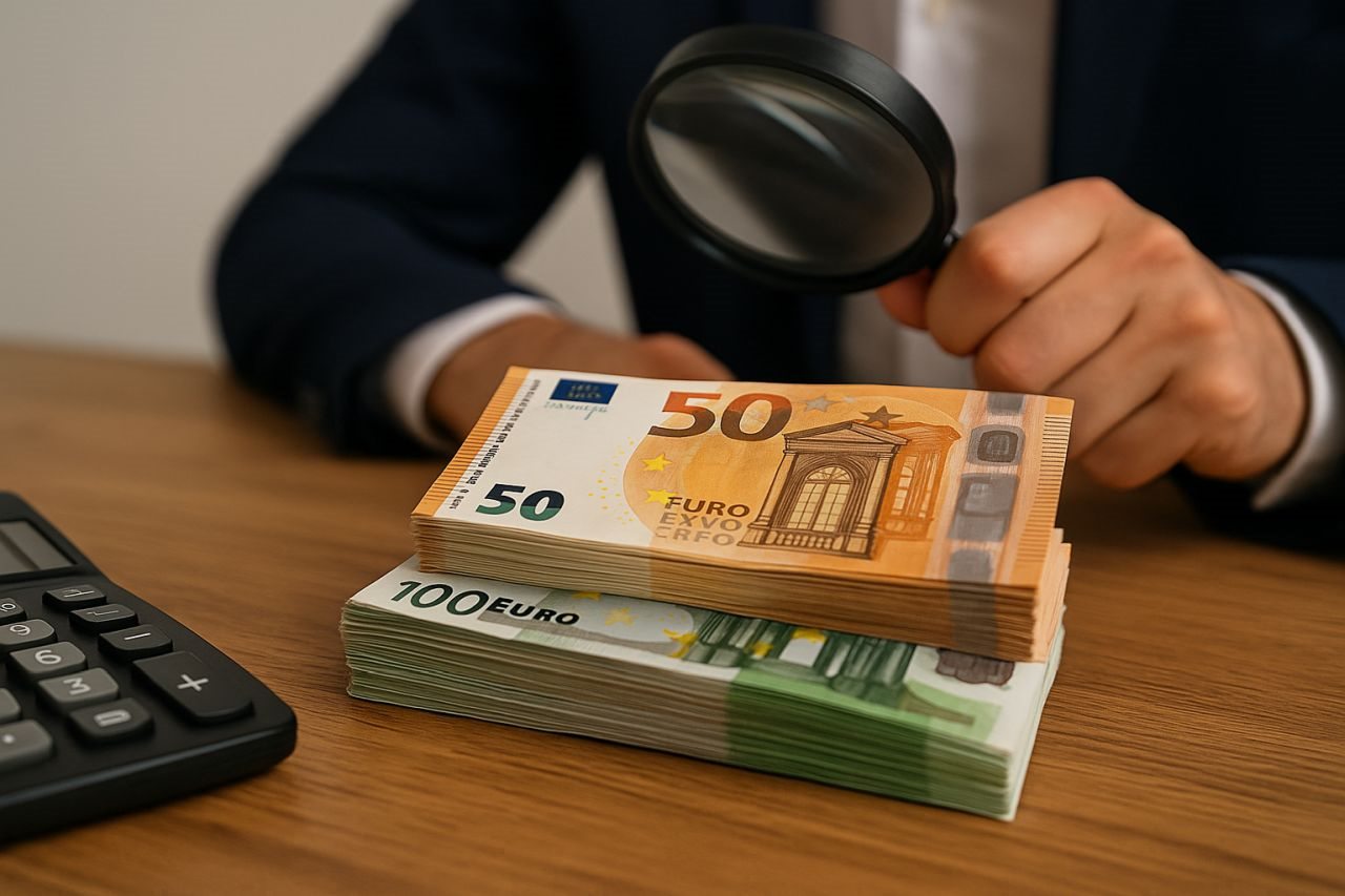 Banconote da 50 e da 100 euro su una scrivania di legno. Sullo sfondo una persona con in mano una lente d'ingrandimento