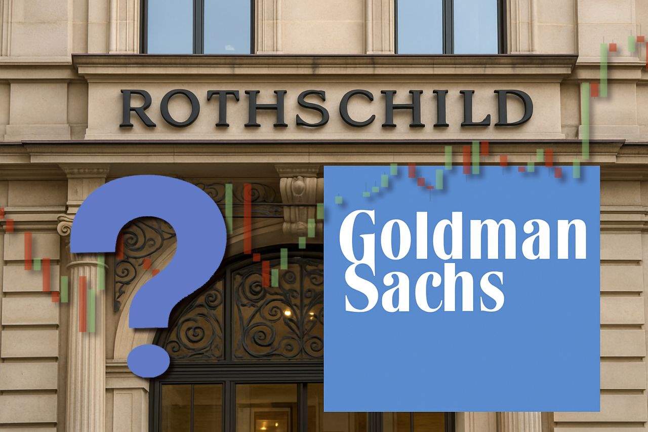 Un palazzo storico con l'insegna Rotschild e in sovrimpressione un punto interrogativo accando al logo di Goldman Sachs con un grafico a candele in trasparenza