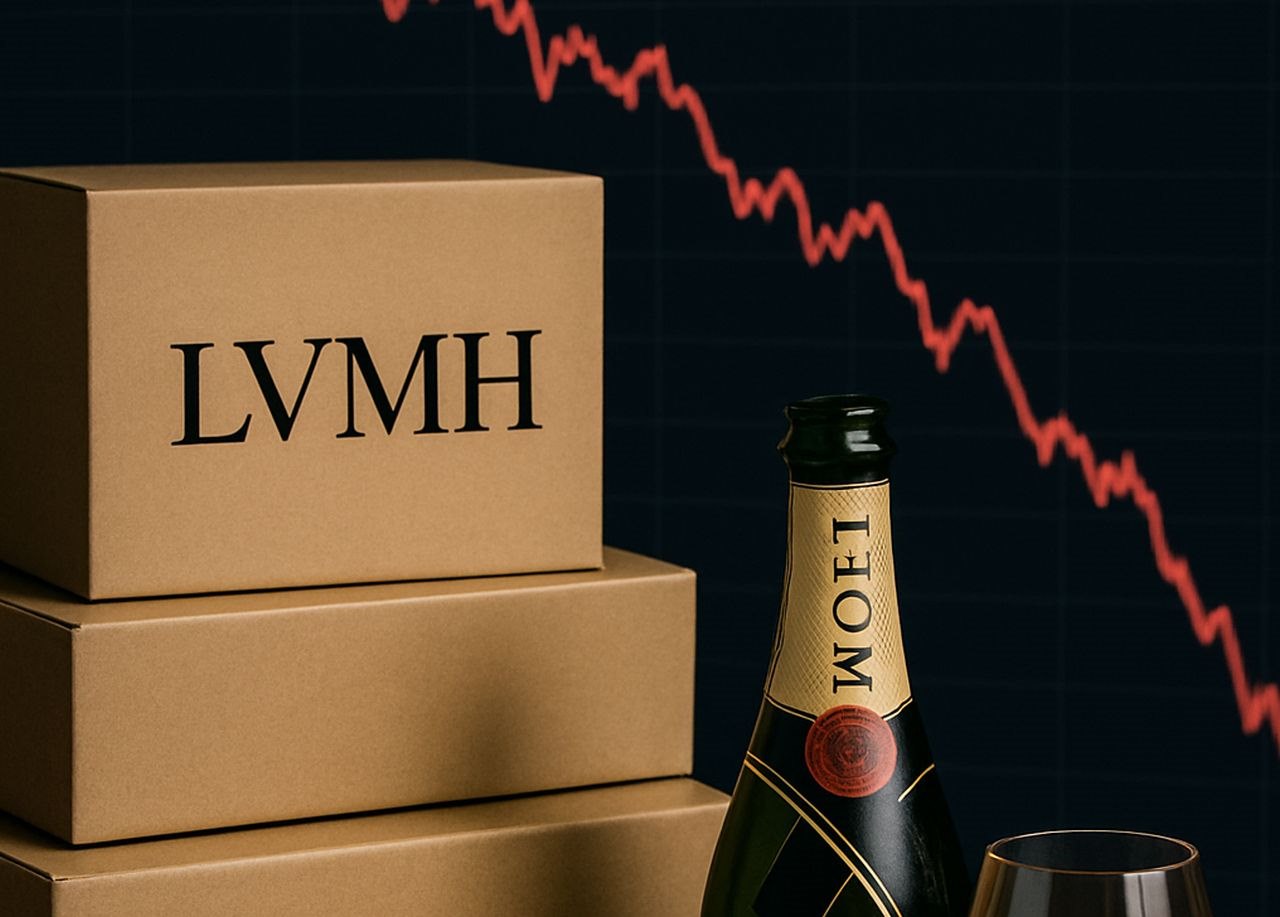 La scritta LVMH su una scatola e una bottiglia di vino accanto. Sullo sfondo un grafico a candele