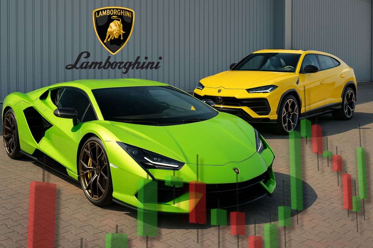 Due Lamborghini parcheggiate. Un grafico a candele in sovrimpressione e il logo della casa automobilistica in alto a sinistra