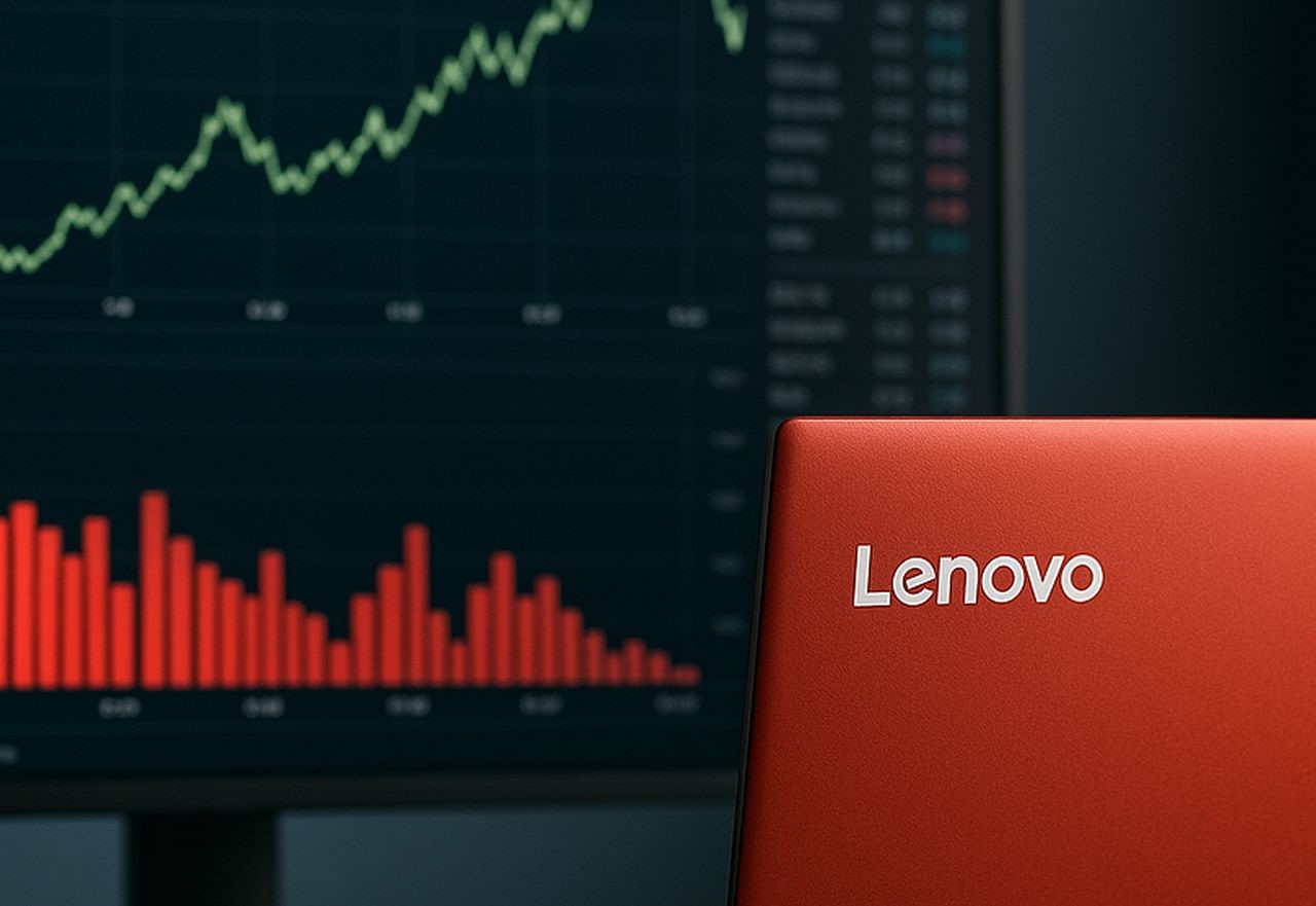 Uno schermo con dei grafici finanziari. In basso a sinistra il logo lenovo su sfondo rosso