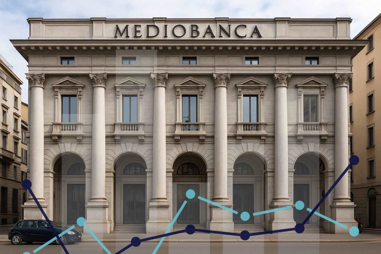 Un edificio storico con l'insegna Mediobanca in cima e dei grafici in sovrimpressione
