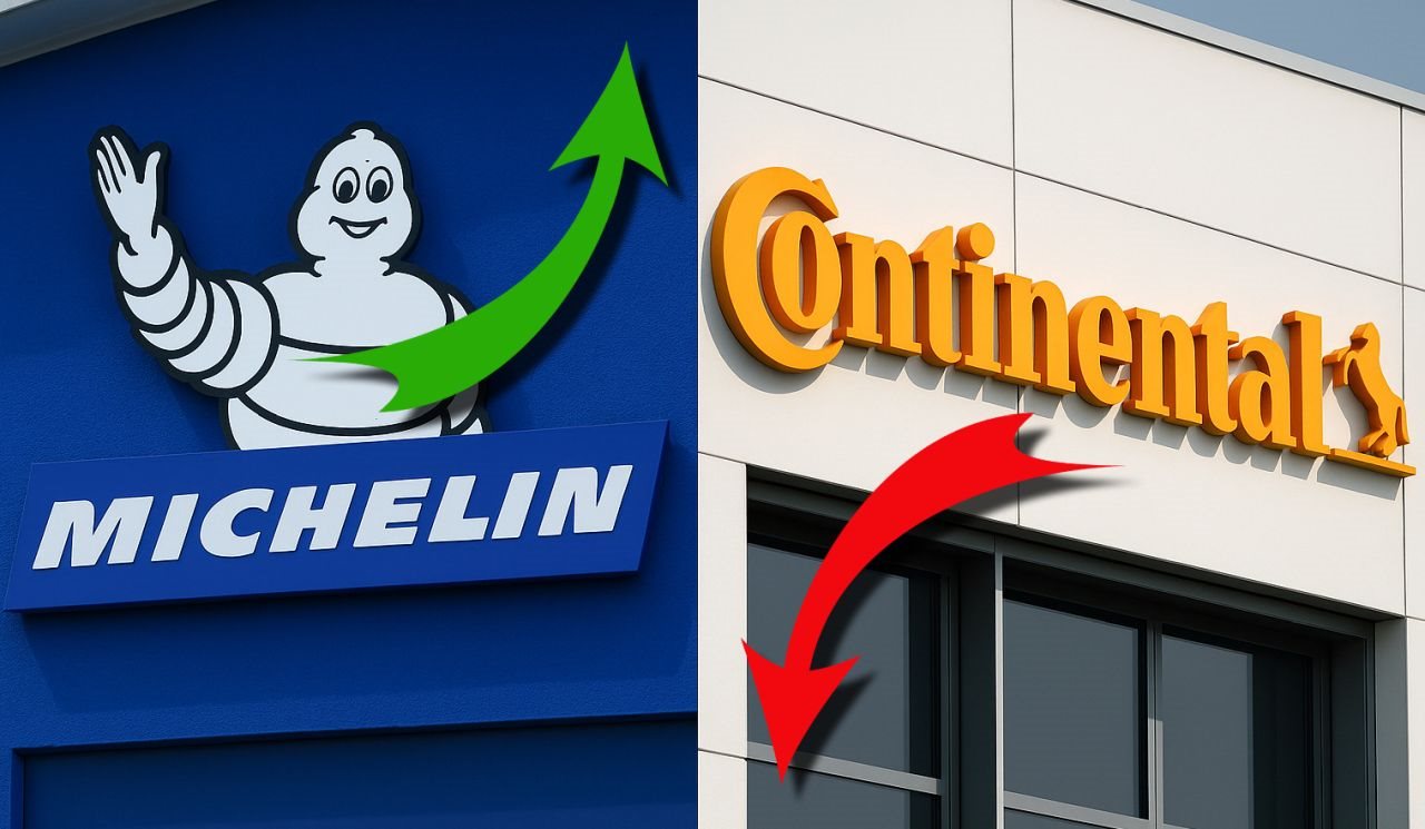 Il logo di Michelin e il logo di Continental con una freccia verde e con una freccia rossa rispettivamente