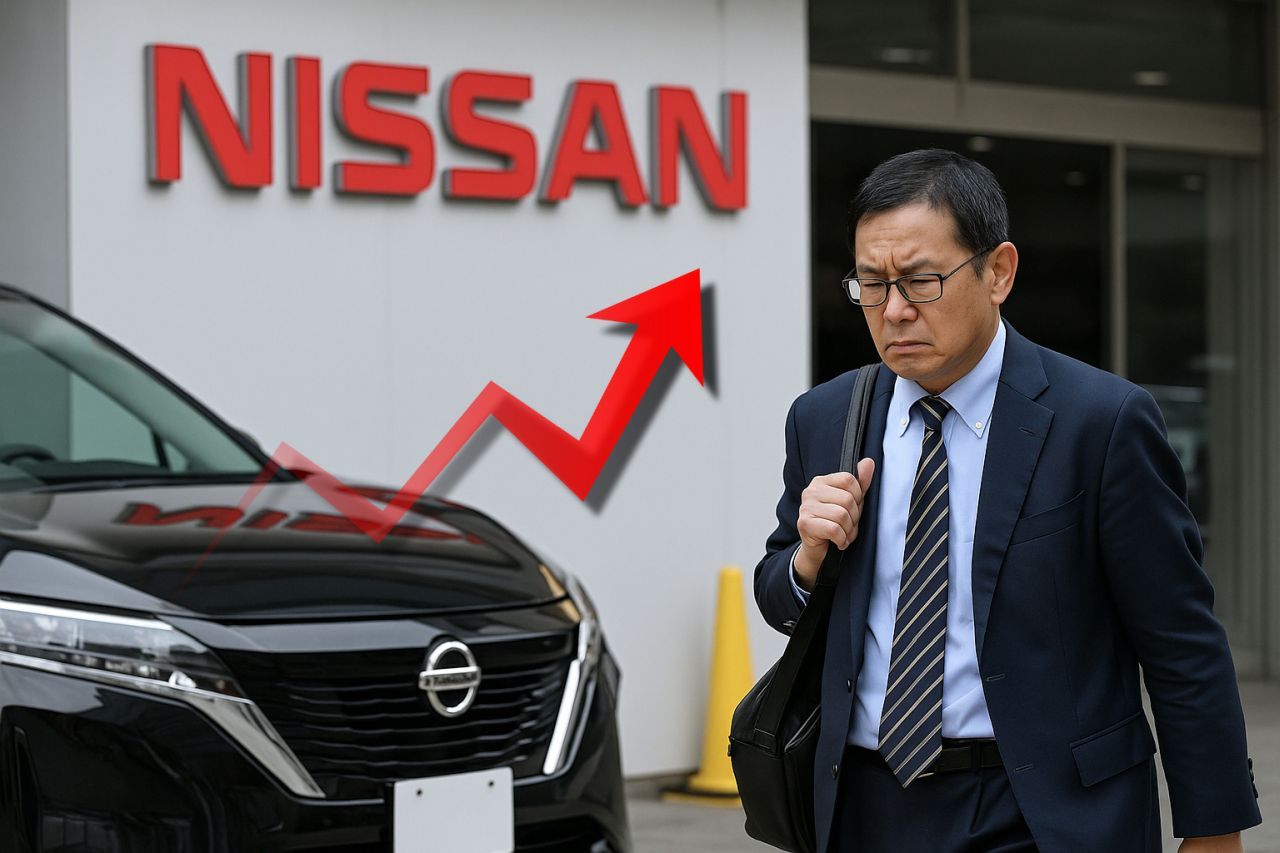 Un signore con giacca e cravatta sulla destra e un'automobile Nissan a sinistra. Sullo sfondo la scritta Nissan e in sovrimpressione una freccia verso l'alto