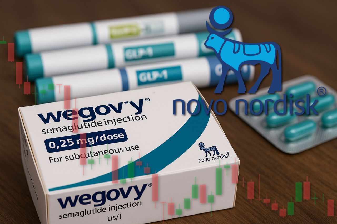 Le confezioni di alcuni farmaci Novo Nordisk su un piano di legno. In sovrimpressione in alto a destra il logo della società e un grafico a candele in trasparenza