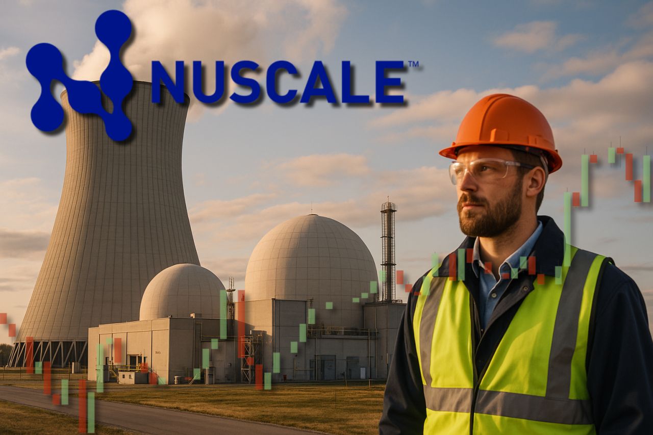 Un lavoratore in primo piano, con una centrale energetica sullo sfondo. In alto a sinistra il logo di Nuscale, e in sovrimpressione un grafico a candele