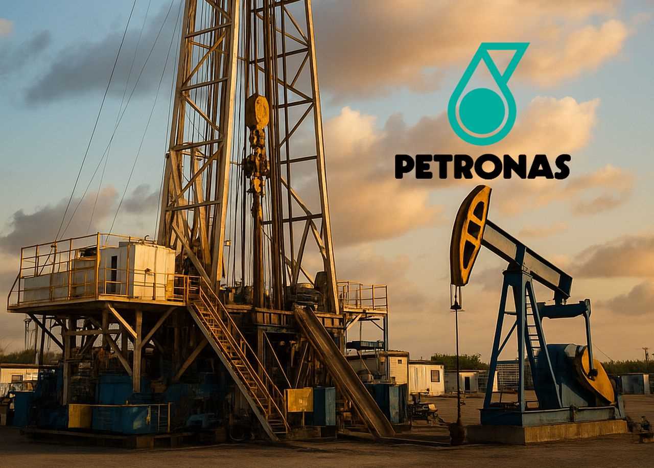 Un giacimento di petrolio e il logo di Petronas in sovrimpressione
