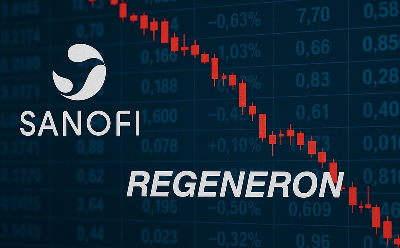 Il logo di Sanofi e quello di Regeneron con delle cifre su un tabellone e un grafico a candele sullo sfondo