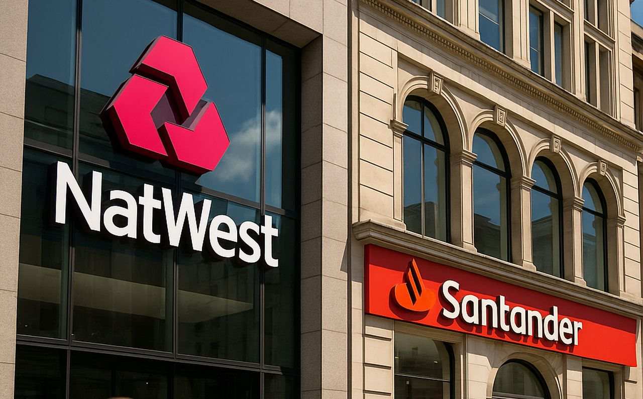 Un edificio con la scritta Natwest accanto a un edificio con la scritta Santander