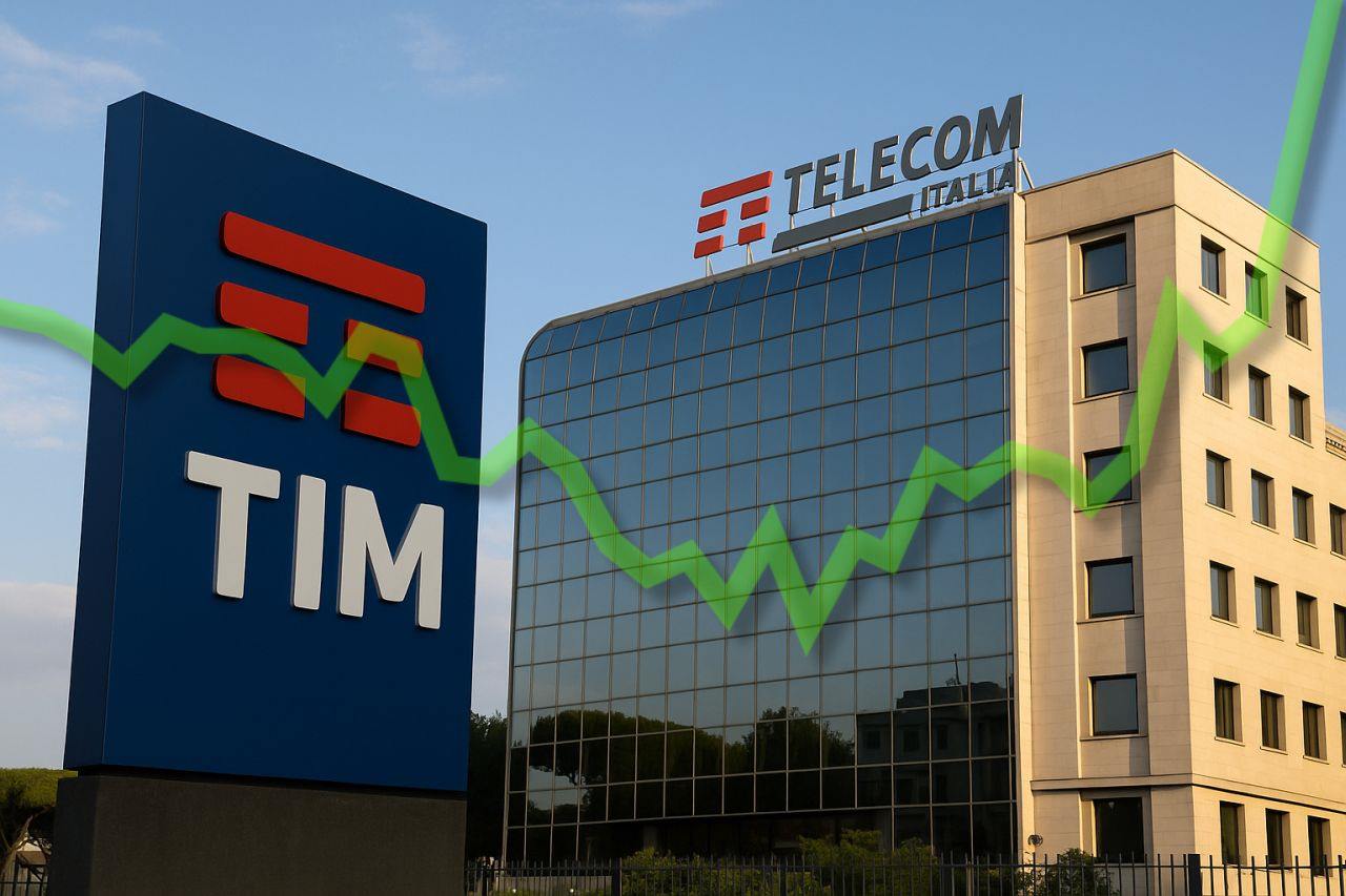Un edificio con l'insegna Telecom Italia in cima e in sovrimpressione una linea verde a zig-zag