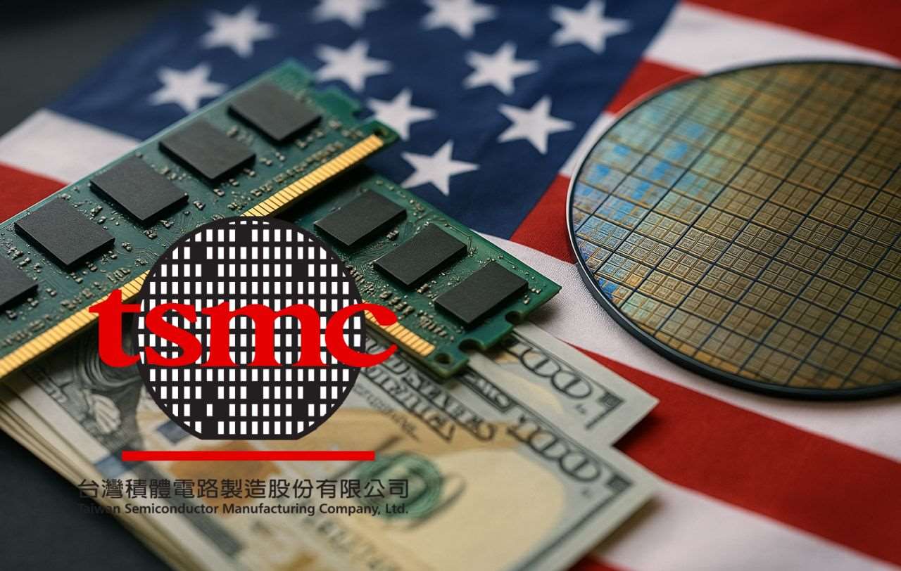 Alcuni componenti elettronici poggiati su delle banconote e sulla bandiera degli Stati Uniti. In sovrimpressione, in basso a sinistra il logo di TSMC