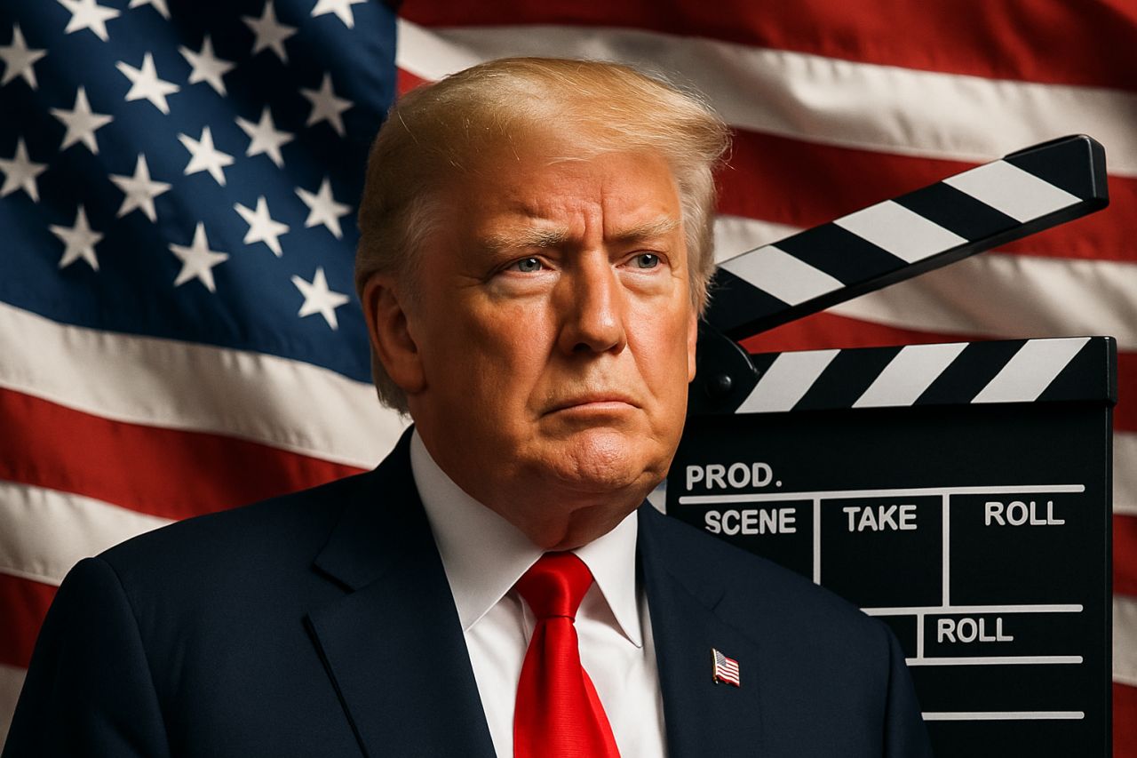 Donald Trump in primo piano con la bandiera degli USA sullo sfondo e il Ciak cinematografico dietro di lui