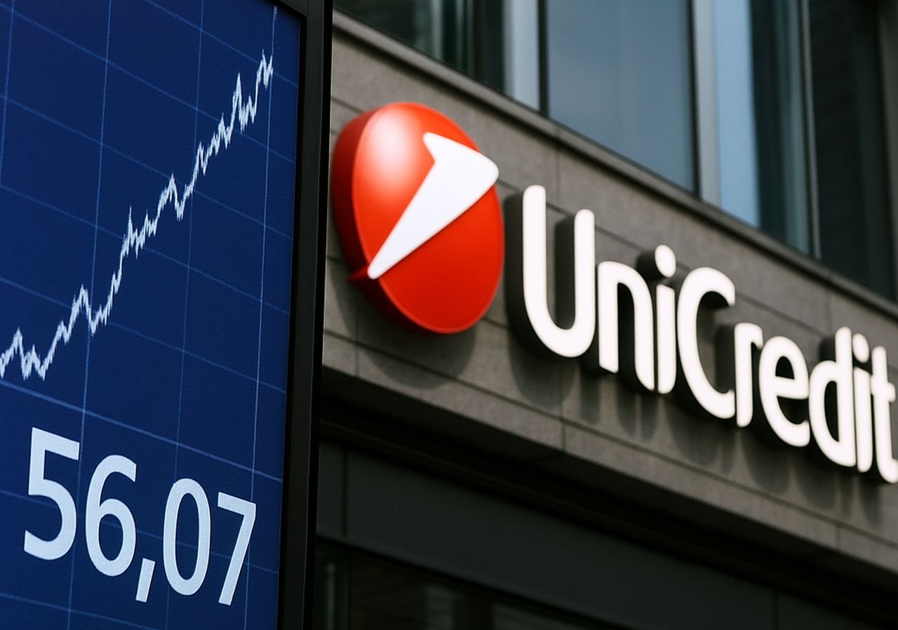 L'insegna Unicredit su un edificio e un grafico finanziario con delle cifre nella parte sinistra dell'immagine