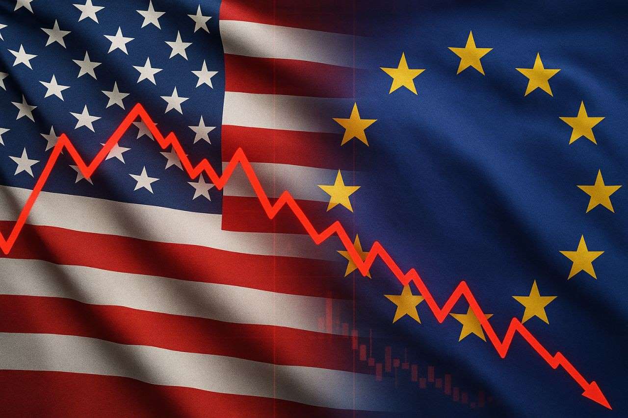 La bandiera degli Usa che si fonde con quella dell'UE. In sovrimpressione una linea rossa a zig-zag verso il basso