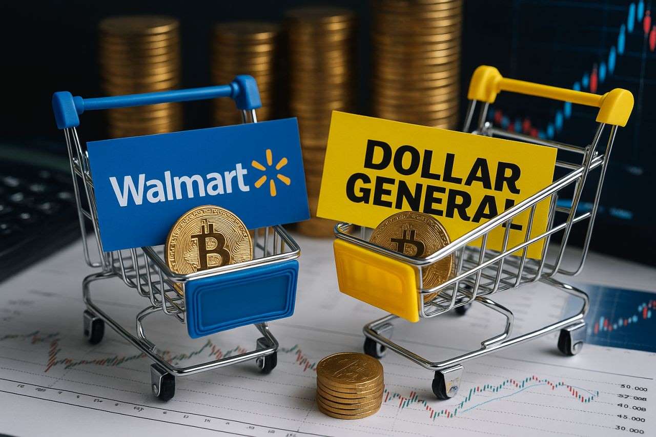 Due carrelli della spesa, uno con dentro un cartello con il logo Walmart e uno con un cartello con il logo Dollar General
