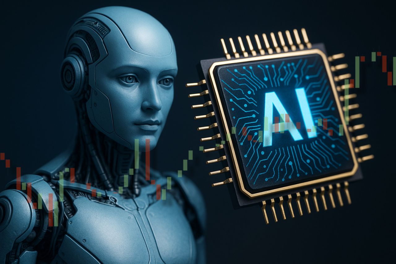 un robot umanoide con un grafico a candele in sovrimpressione e un chip con la scritta AI