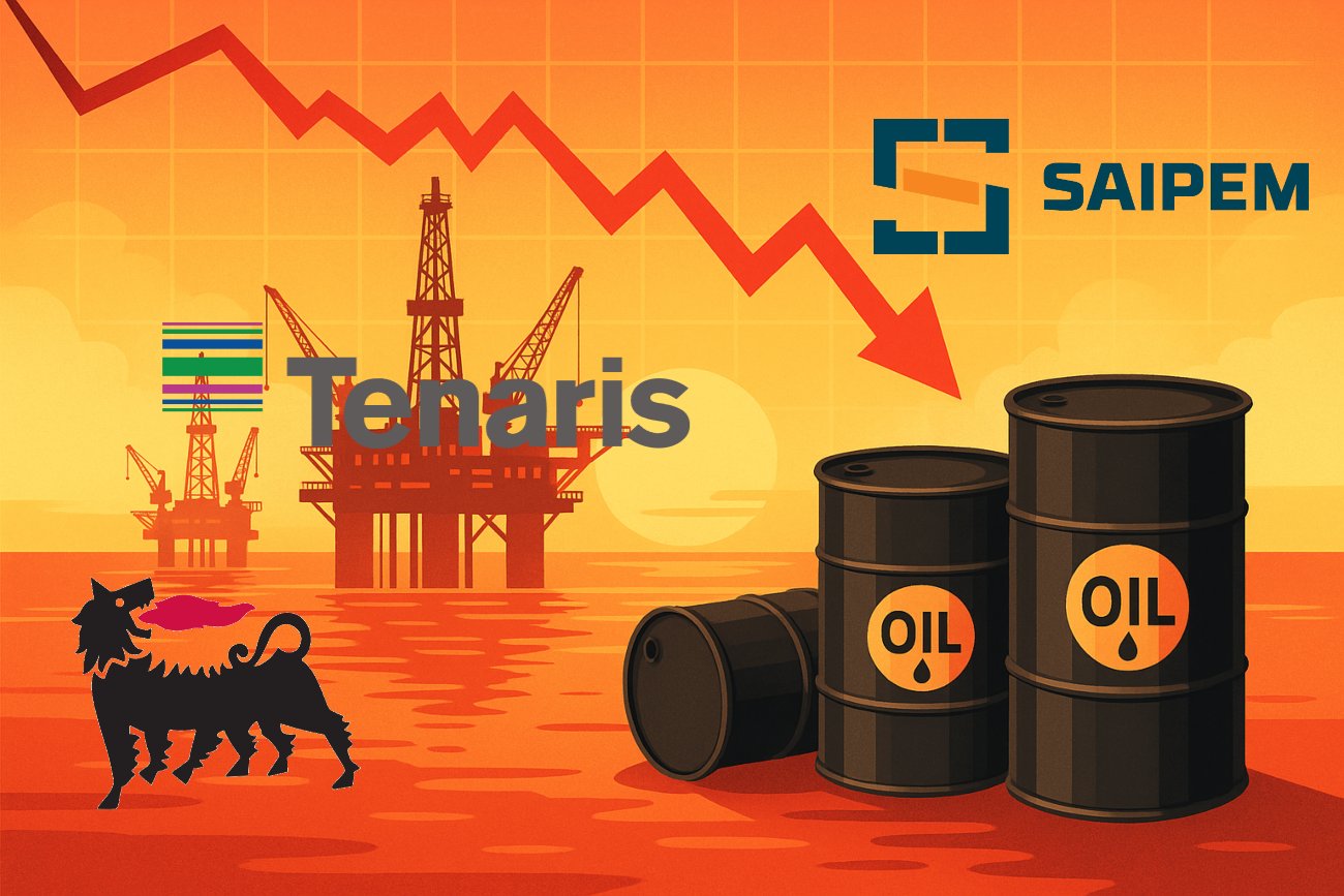 piattaforma petrolio e loghi di Eni, Saipem, Tenaris