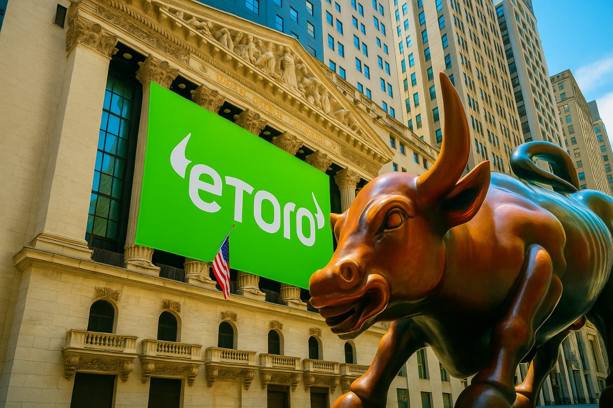ingresso Wall Street e logo di eToro