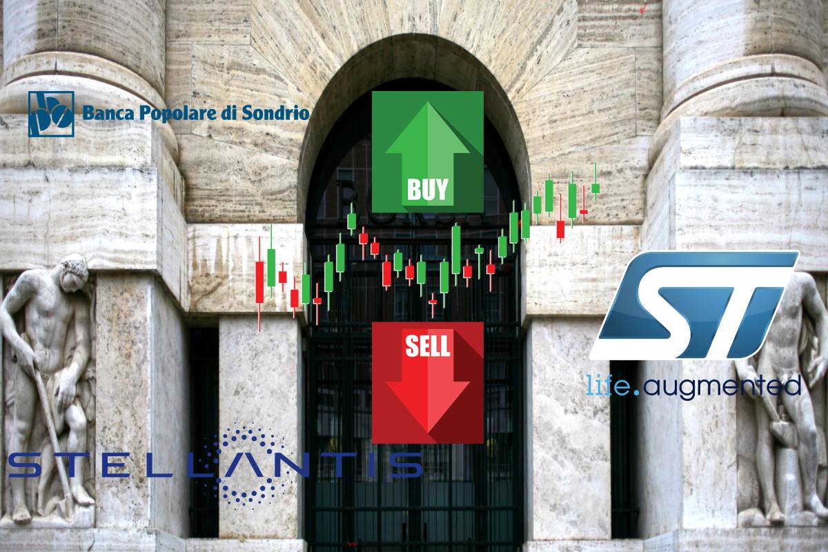 ingresso borsa di Milano con loghi BPSO, STM e Stellantis