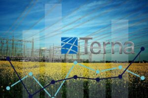 tralicci energia e logo di Terna in primo piano