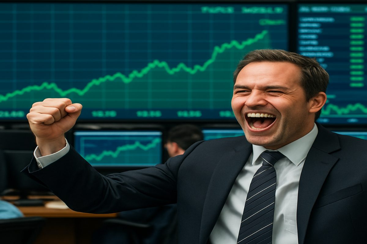 trader che festeggia rialzo della borsa