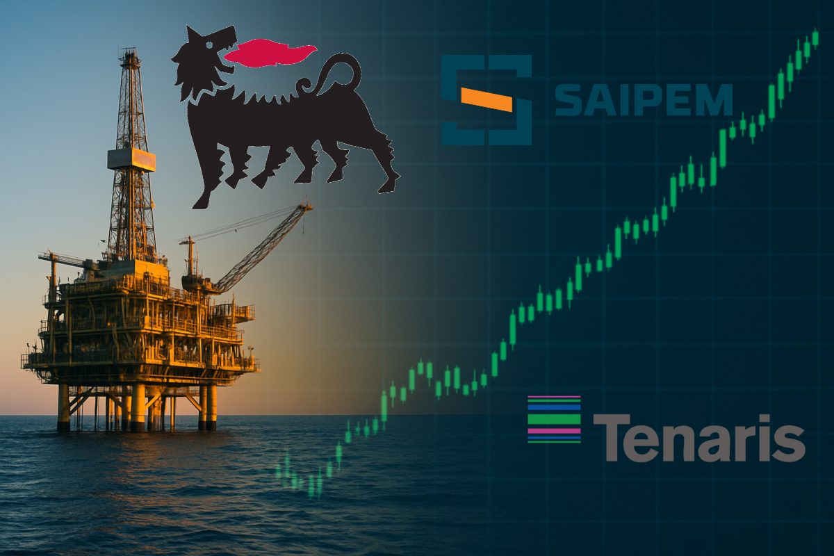 piattaforma petrolio e loghi di Eni, Saipem e Tenaris