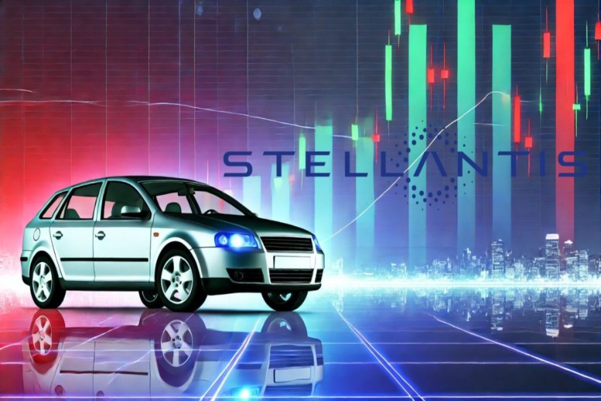 auto con logo Stellantis e grafico al rialzo