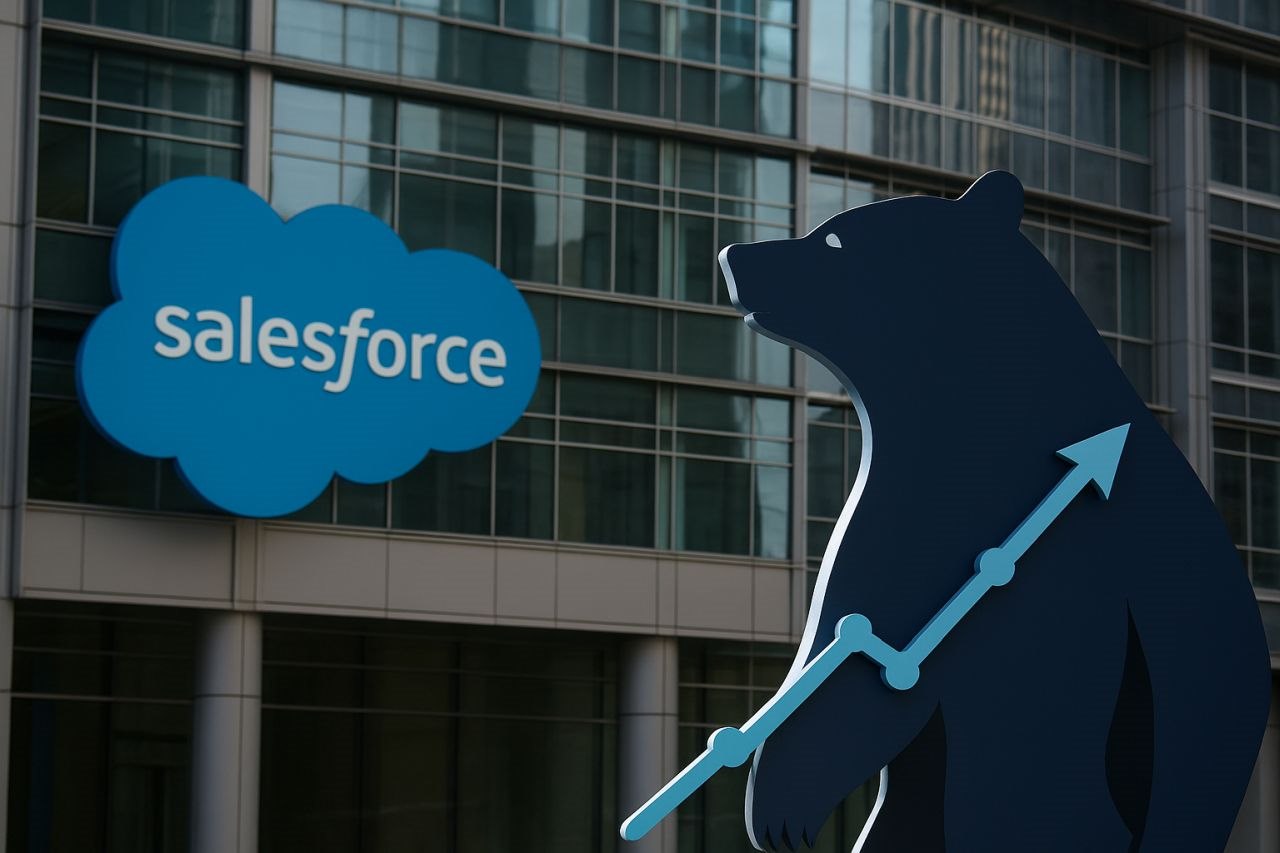 Un palazzo con l'insegna Salesforce e una freccia verso l'alto davanti all'immagine stilizzata di un orso