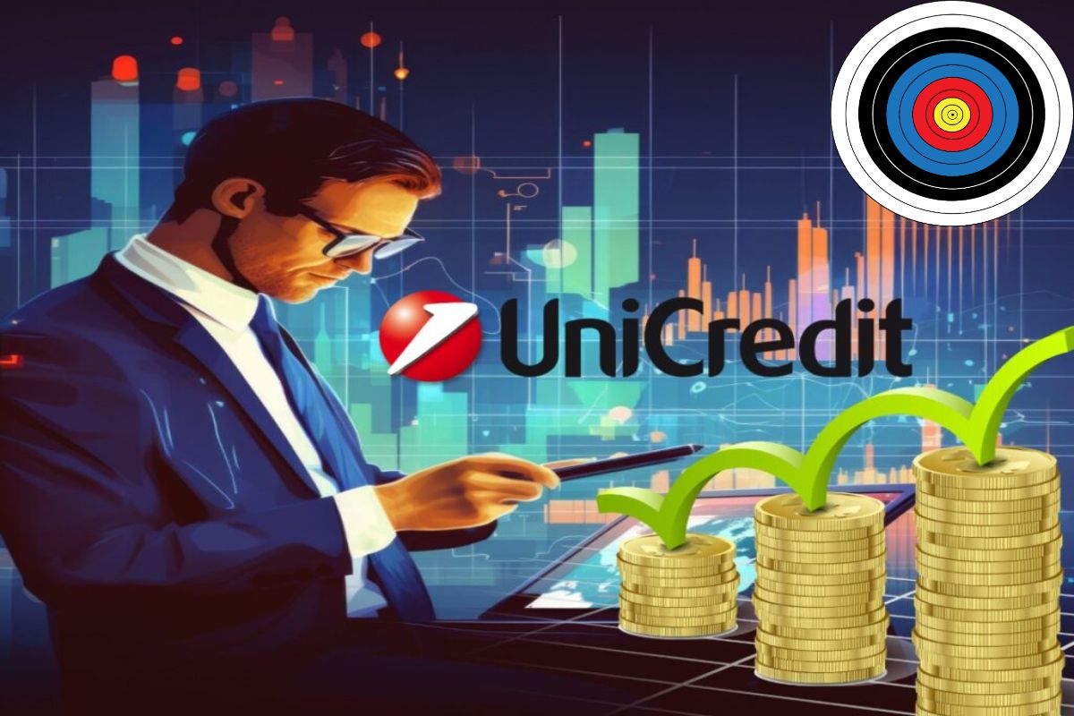 grafico di borsa, trader in azione e logo di Unicredit