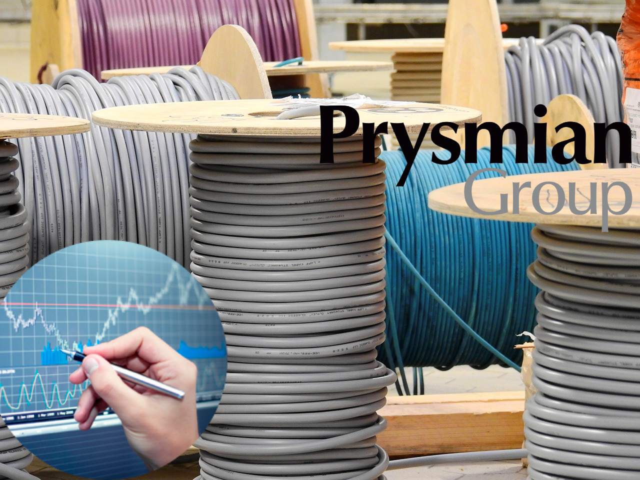 bobine di cavi e logo di Prysmian