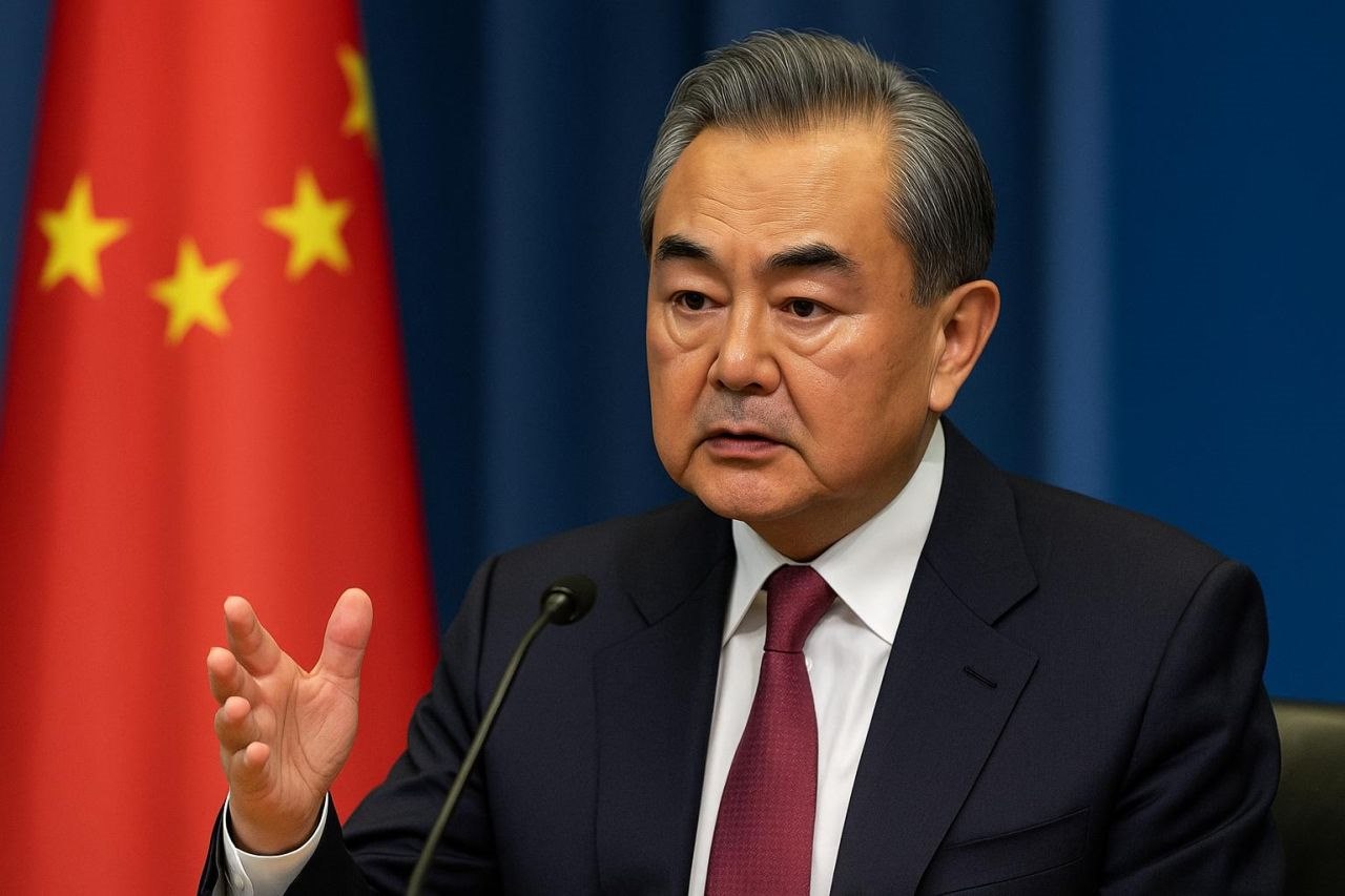 Primo piano del ministro Wang-Yi con accanto la bandiera della Cina