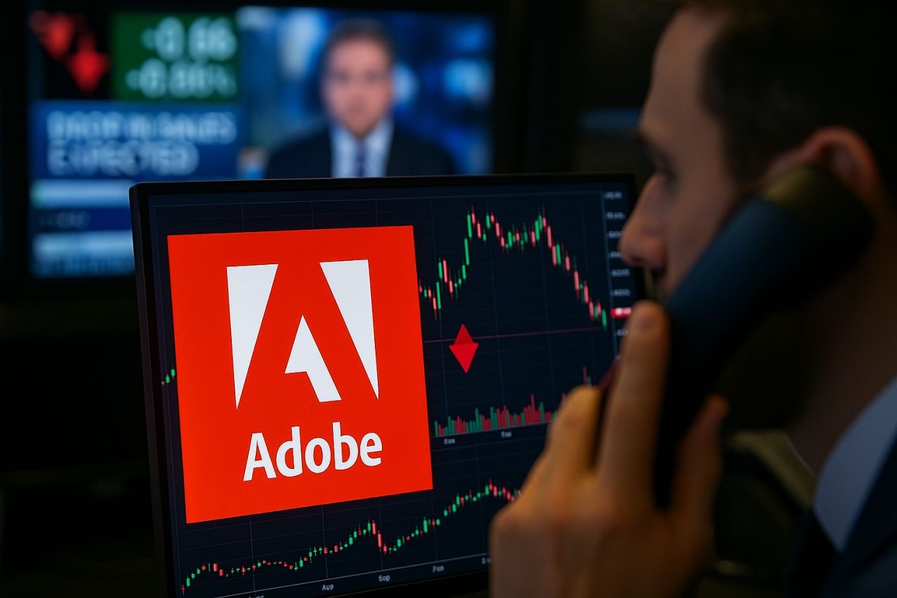 Un trader al telefono con uno schermo di fronte e il logo di Adobe