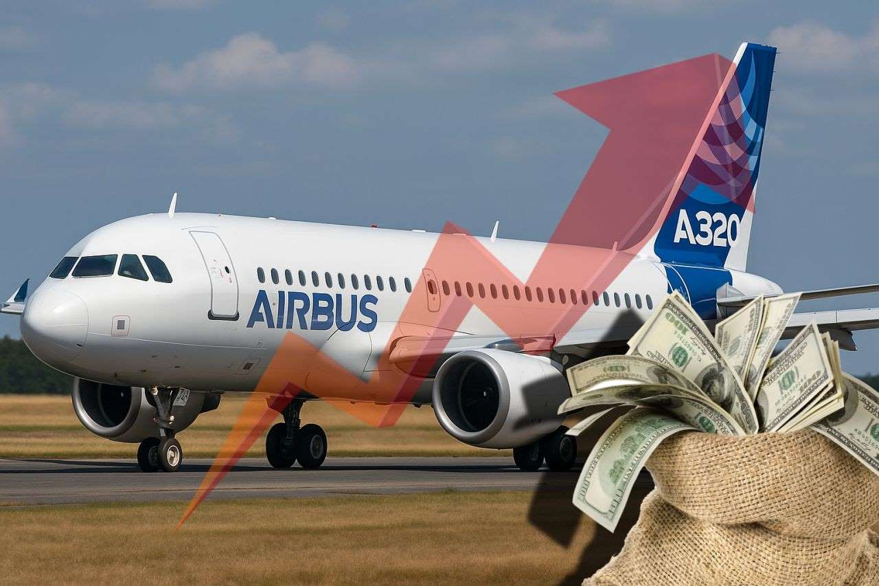 Un aereo passeggeri con la scritta Airbus. In sovrimpressione una freccia rossa verso l'alto e un sacco pieno di banconote in dollari