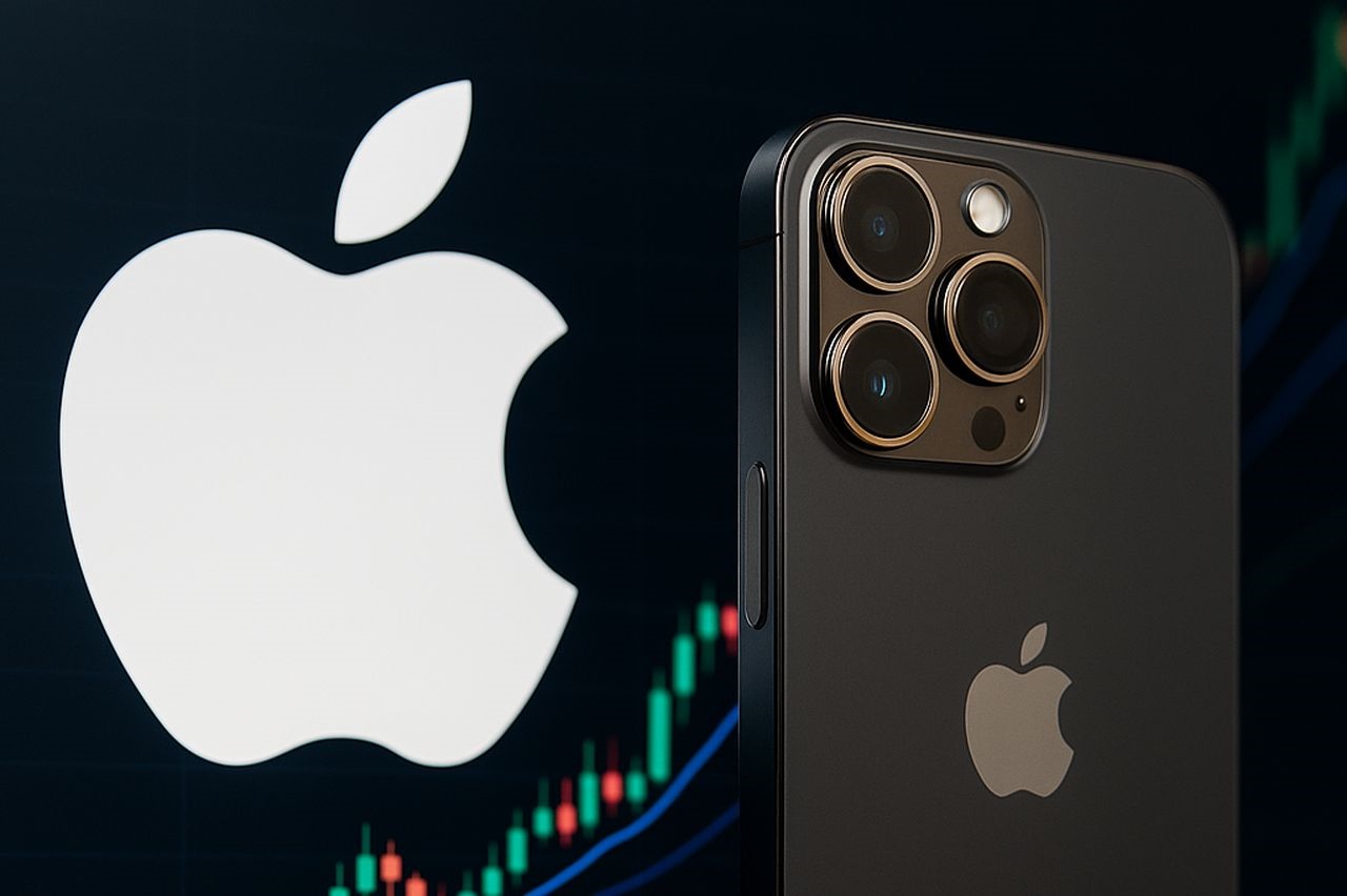 Il logo di Apple a sinistra e un iPhone con il logo Apple a destra. Sullo sfondo un grafico a candele
