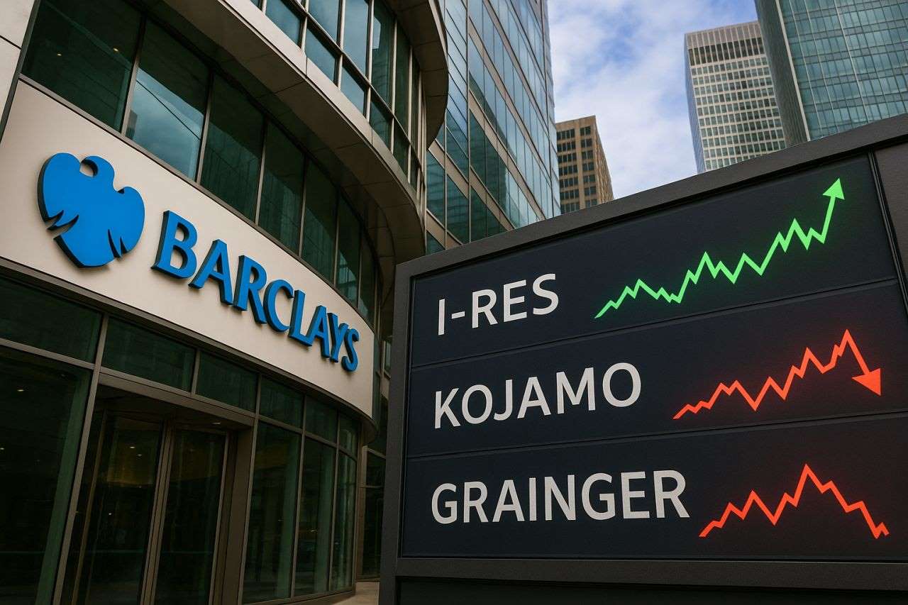 Un edificio con il logo di Barclays e un cartello con alcuni grafici