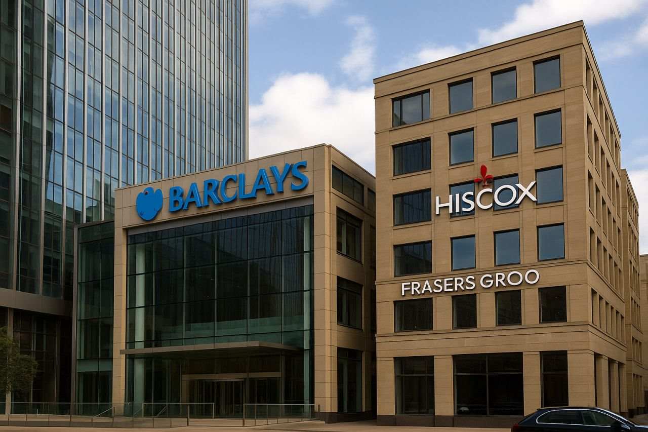 Un edificio con la scritta Barclays e accanto uno con la scritta Hiscox