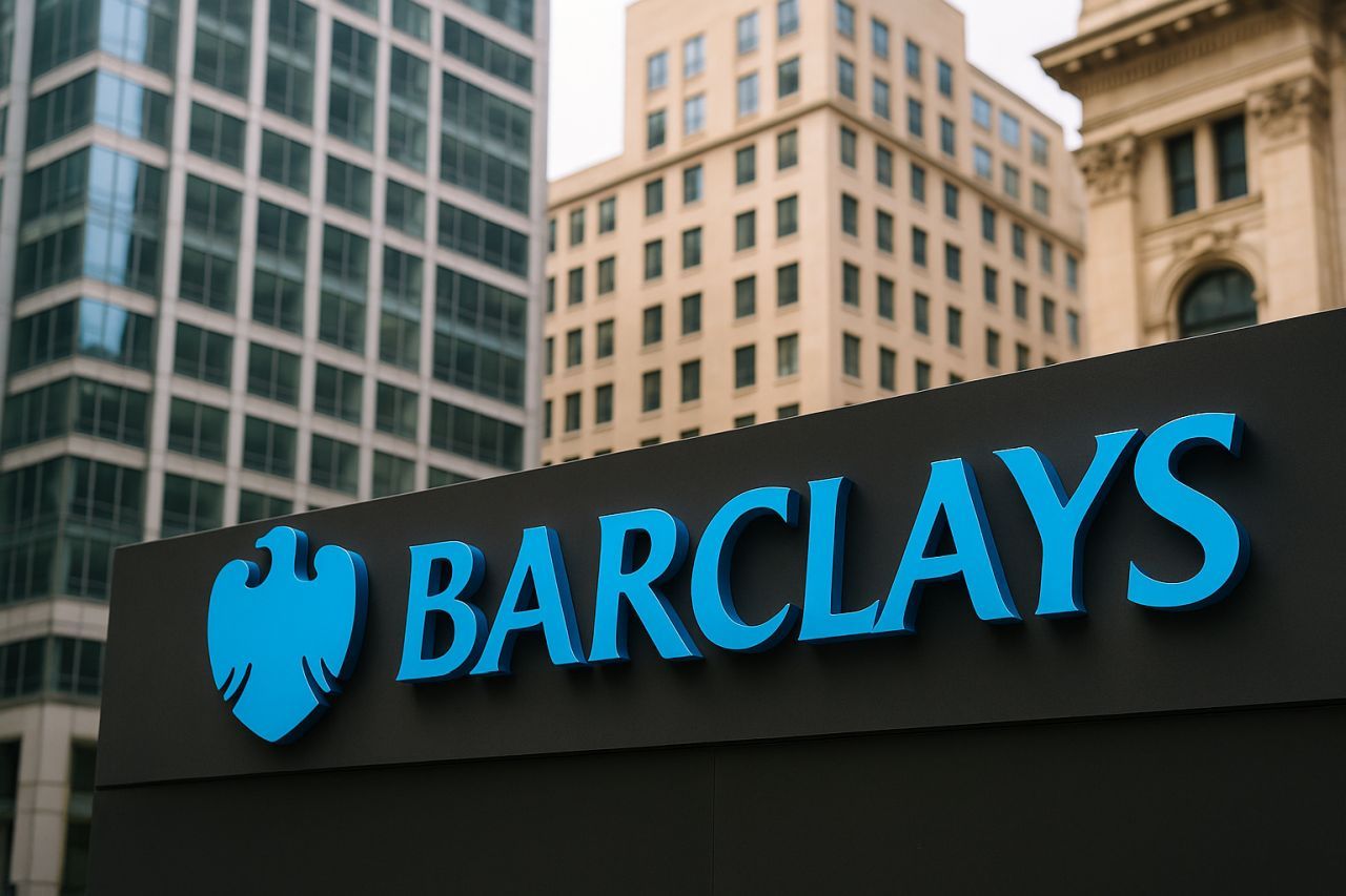 La scritta Barclays in primo piano e dei palazzi sullo sfondo