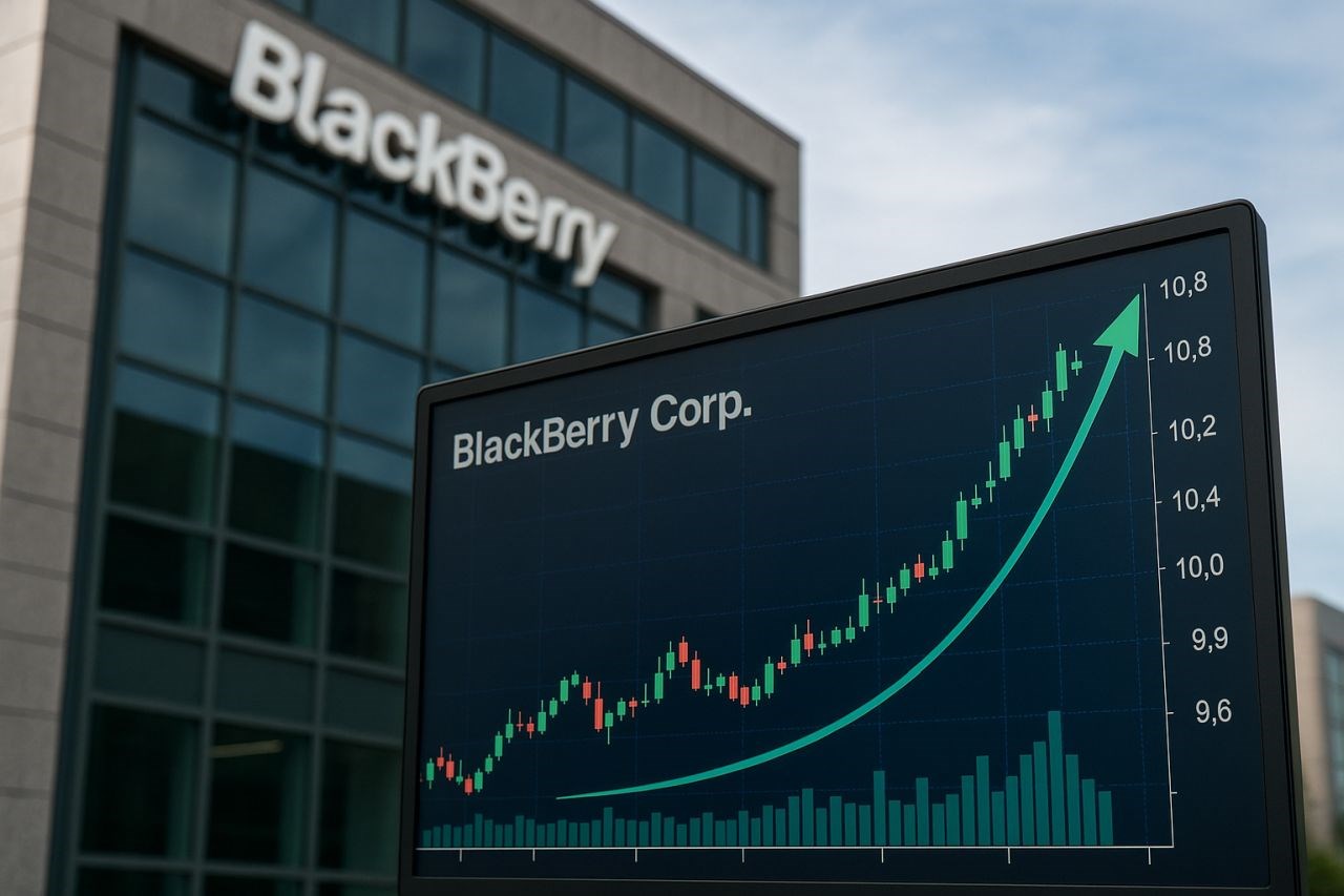 Un edificio con l'insegna Blackberry e un grafico finanziario su uno schermo in basso in primo piano