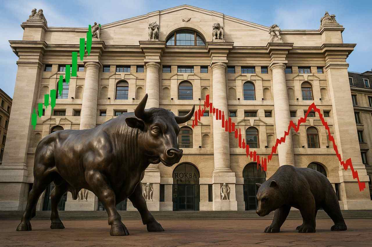 Il palazzo della Borsa di Milano con una statua di un toro e quella di un orso davanti e dei grafici in sovrimpressione