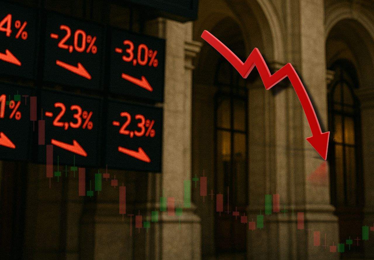 La sala della Borsa di Milano con un tabellone che indica l'andamento dei titoli e una freccia rossa verso il basso