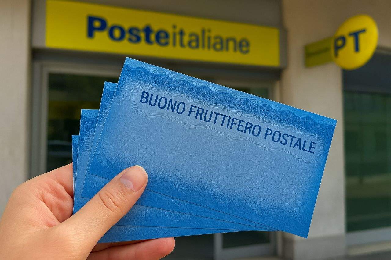una mano che apre a ventaglio dei rettangolini di carta con la scritta Buono fruttifero postale. Sullo sfondo l'entrata di un ufficio postale con insegna Poste Italiane