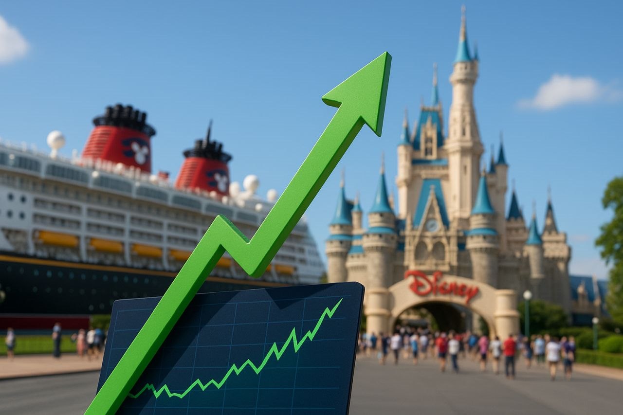 Il castello di Disneyland sullo sfondo e un grafico su uno schermo con una freccia in sovrimpressione davanti